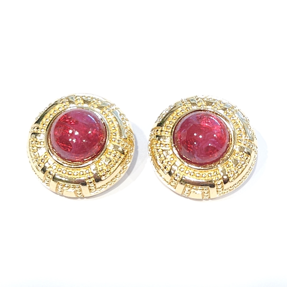 Christian Dior Gripoix Red Glass Chunky Round Gold Tone Vintage Earrings Clip On